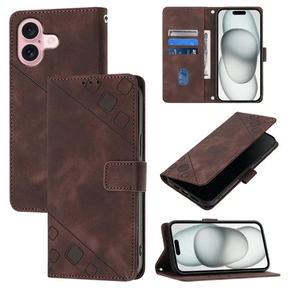 For iPhone 16 Skin-feel Embossed Leather Phone Case(Brown) - iPhone 16 Cases by buy2fix | Online Shopping UK | buy2fix