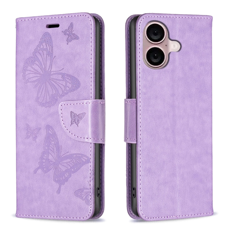 For iPhone 16 Embossing Two Butterflies Pattern Leather Phone Case(Purple) - iPhone 16 Cases by buy2fix | Online Shopping UK | buy2fix