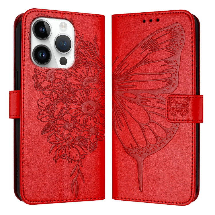 For iPhone 16 Pro Embossed Butterfly Leather Phone Case(Red) - iPhone 16 Pro Cases by buy2fix | Online Shopping UK | buy2fix