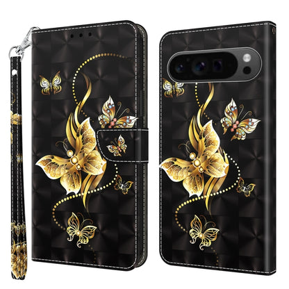 For Google Pixel 9 3D Painted Pattern Leather Phone Case(Golden Butterfly) - Google Cases by buy2fix | Online Shopping UK | buy2fix