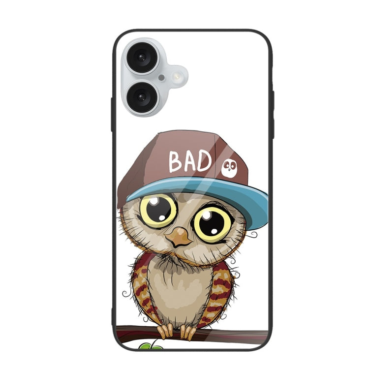 For iPhone 16 Colorful Painted Glass Phone Case(Owl) - iPhone 16 Cases by buy2fix | Online Shopping UK | buy2fix