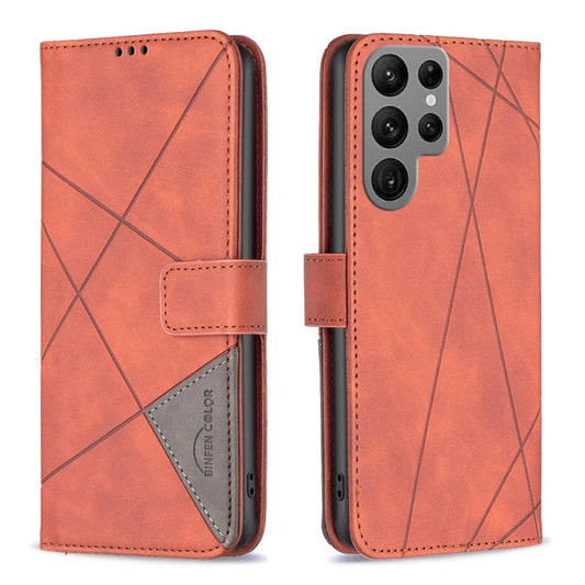 For Samsung Galaxy S24 Ultra 5G Magnetic Buckle Rhombus Texture Leather Phone Case(Brown) - Galaxy S24 Ultra 5G Cases by buy2fix | Online Shopping UK | buy2fix