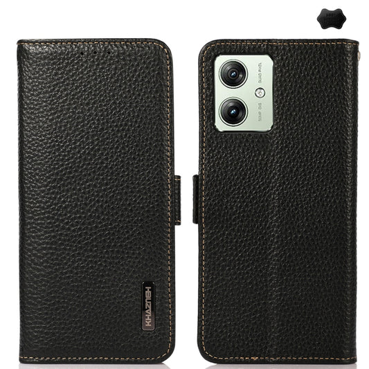 For Motorola Moto G64 5G KHAZNEH Side-Magnetic Litchi Genuine Leather RFID Phone Case(Black) - Motorola Cases by buy2fix | Online Shopping UK | buy2fix