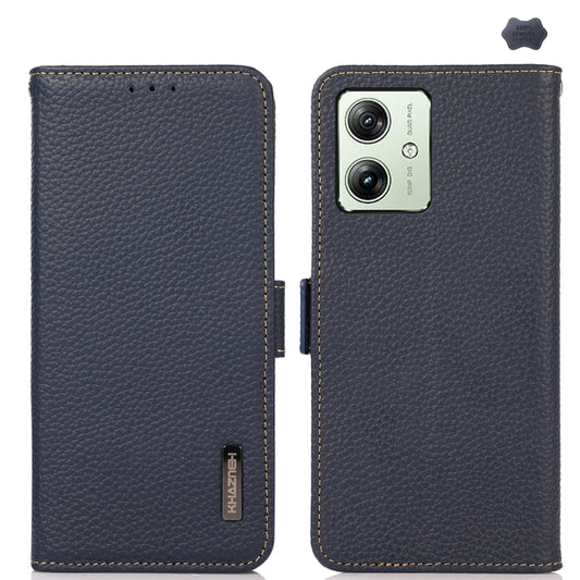 For Motorola Moto G64 5G KHAZNEH Side-Magnetic Litchi Genuine Leather RFID Phone Case(Blue) - Motorola Cases by buy2fix | Online Shopping UK | buy2fix