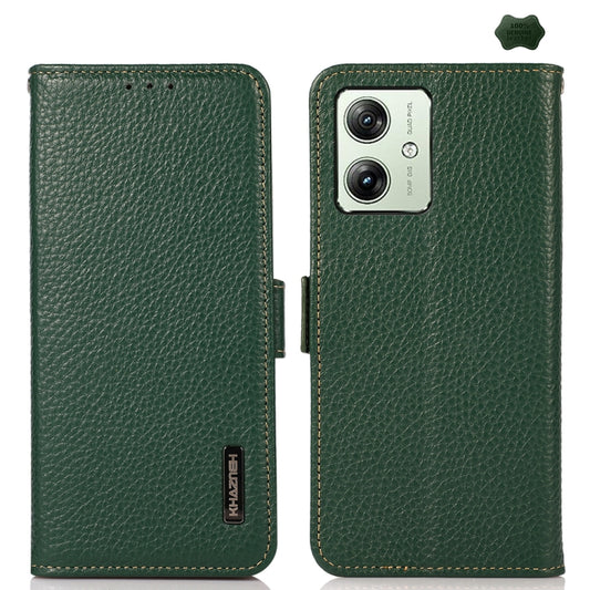 For Motorola Moto G64 5G KHAZNEH Side-Magnetic Litchi Genuine Leather RFID Phone Case(Green) - Motorola Cases by buy2fix | Online Shopping UK | buy2fix