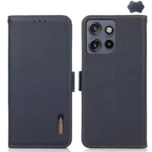 For Motorola Edge 50 Neo 5G / Moto S50 5G KHAZNEH Side-Magnetic Litchi Genuine Leather RFID Phone Case(Blue) - Motorola Cases by buy2fix | Online Shopping UK | buy2fix