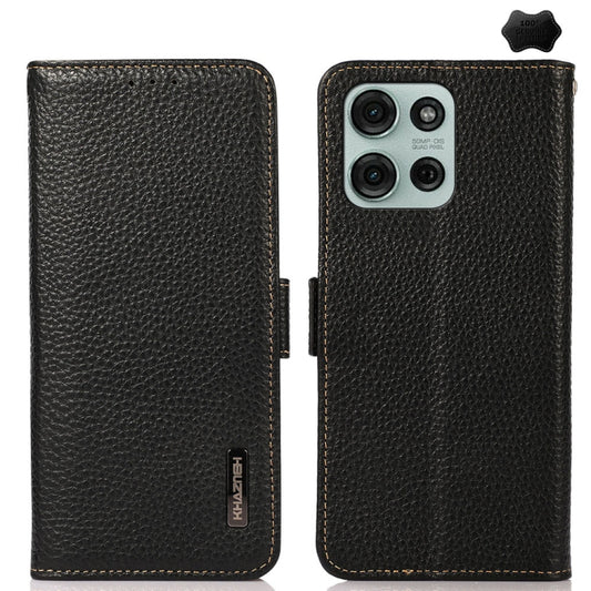 For Motorola Moto G75 5G KHAZNEH Side-Magnetic Litchi Genuine Leather RFID Phone Case(Black) - Motorola Cases by buy2fix | Online Shopping UK | buy2fix