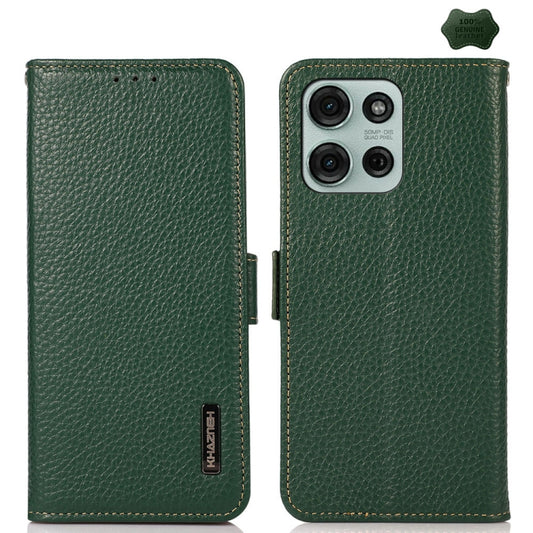 For Motorola Moto G75 5G KHAZNEH Side-Magnetic Litchi Genuine Leather RFID Phone Case(Green) - Motorola Cases by buy2fix | Online Shopping UK | buy2fix