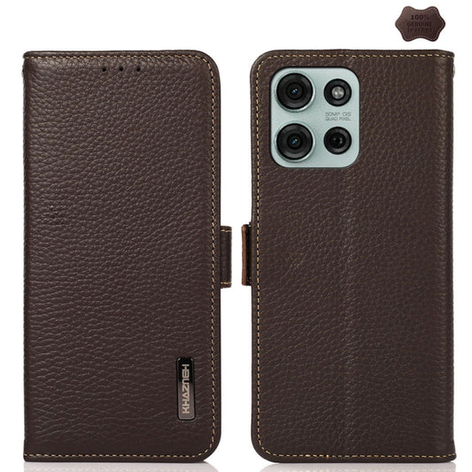 For Motorola Moto G75 5G KHAZNEH Side-Magnetic Litchi Genuine Leather RFID Phone Case(Brown) - Motorola Cases by buy2fix | Online Shopping UK | buy2fix