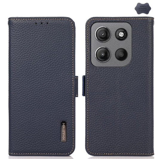 For Motorola Moto G15 4G / G05 KHAZNEH Side-Magnetic Litchi Genuine Leather RFID Phone Case(Blue) - Motorola Cases by buy2fix | Online Shopping UK | buy2fix