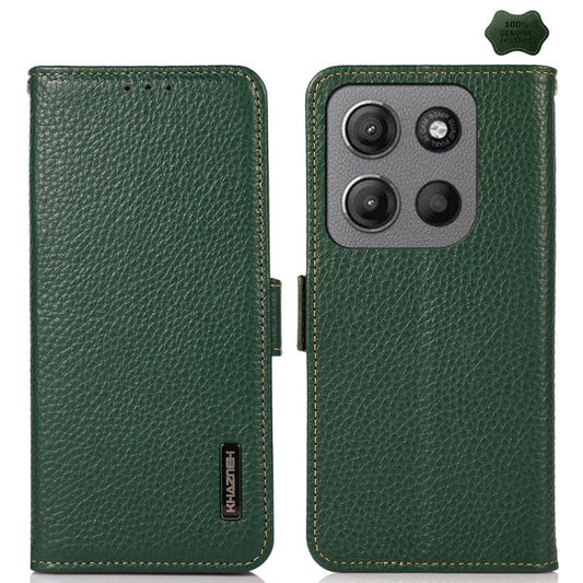 For Motorola Moto G15 4G / G05 KHAZNEH Side-Magnetic Litchi Genuine Leather RFID Phone Case(Green) - Motorola Cases by buy2fix | Online Shopping UK | buy2fix