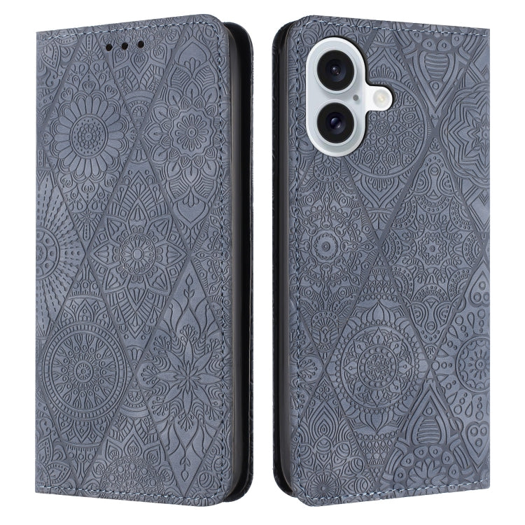 For iPhone 16 Ethnic Embossed Adsorption Leather Phone Case(Grey) - iPhone 16 Cases by buy2fix | Online Shopping UK | buy2fix