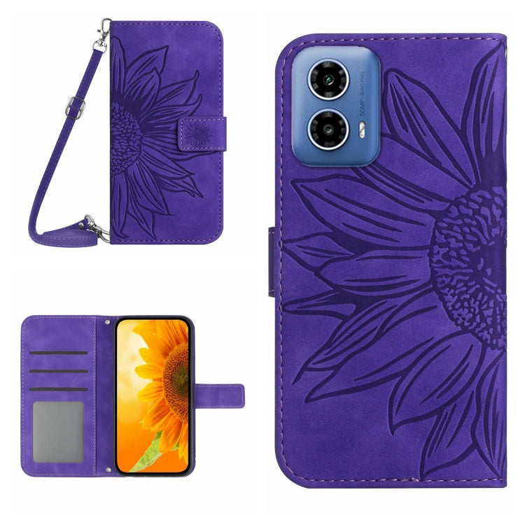 For Motorola Edge 5G 2024 HT04 Skin Feel Sun Flower Embossed Flip Leather Phone Case with Lanyard(Dark Purple) - Motorola Cases by buy2fix | Online Shopping UK | buy2fix