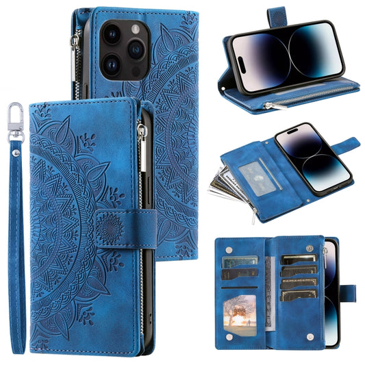 For iPhone 16 Pro Multi-Card Totem Zipper Leather Phone Case(Blue) - iPhone 16 Pro Cases by buy2fix | Online Shopping UK | buy2fix