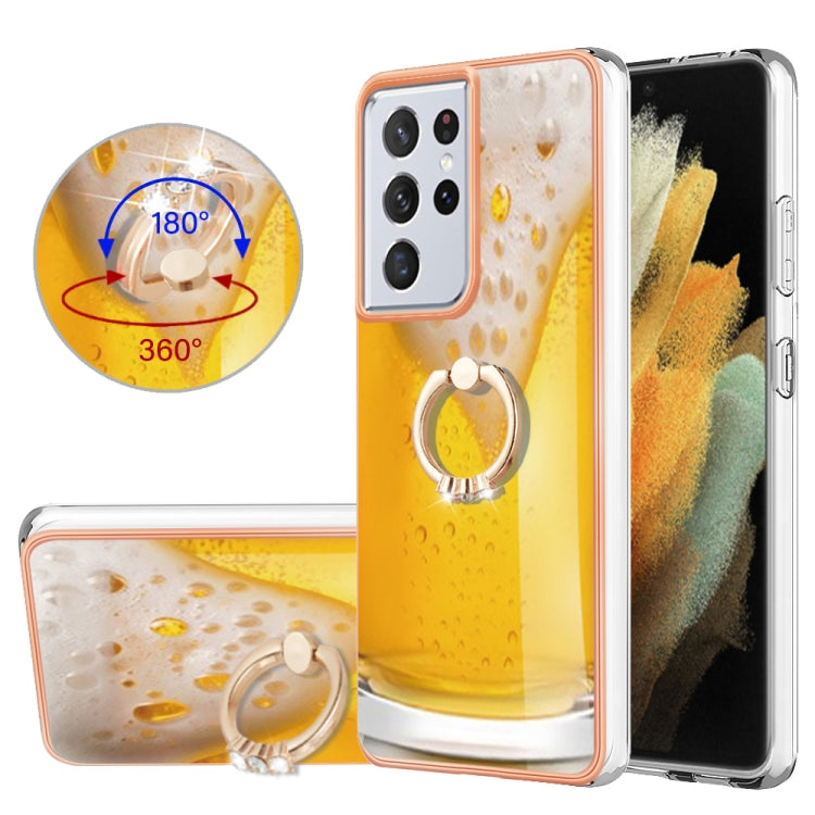 For Samsung Galaxy S21 Ultra 5G Electroplating Dual-side IMD Phone Case with Ring Holder(Draft Beer) - Galaxy S21 Ultra 5G Cases by buy2fix | Online Shopping UK | buy2fix