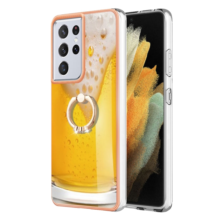 For Samsung Galaxy S21 Ultra 5G Electroplating Dual-side IMD Phone Case with Ring Holder(Draft Beer) - Galaxy S21 Ultra 5G Cases by buy2fix | Online Shopping UK | buy2fix