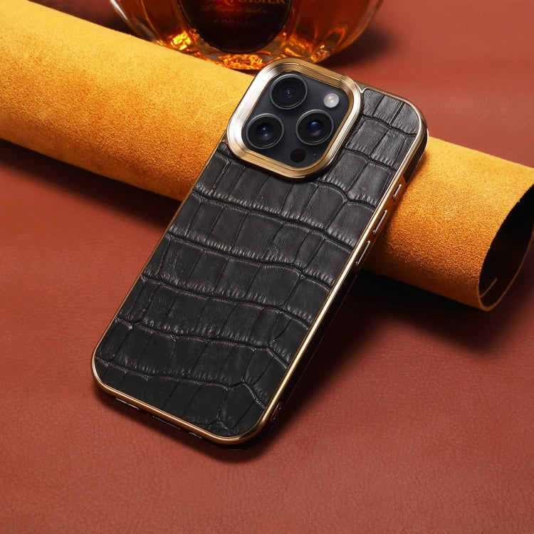 For iPhone 16 Pro Max Denior Crocodile Texture Genuine Leather Electroplating Phone Case(Black) - More iPhone Cases by Denior | Online Shopping UK | buy2fix