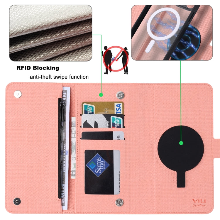 For iPhone 14 Pro ViLi GHB Series MagSafe Magnetic Zipper Leather Phone Case(Pink) - iPhone 14 Pro Cases by ViLi | Online Shopping UK | buy2fix