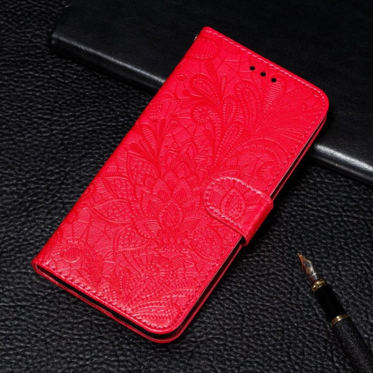 For iPhone 16 Lace Flower Embossing Flip Leather Phone Case(Red) - iPhone 16 Cases by buy2fix | Online Shopping UK | buy2fix