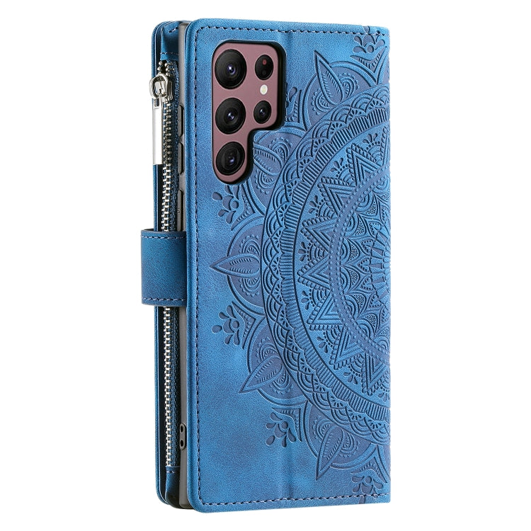 For Samsung Galaxy S22 Ultra 5G Multi-Card Totem Zipper Leather Phone Case(Blue) - Galaxy S22 Ultra 5G Cases by buy2fix | Online Shopping UK | buy2fix