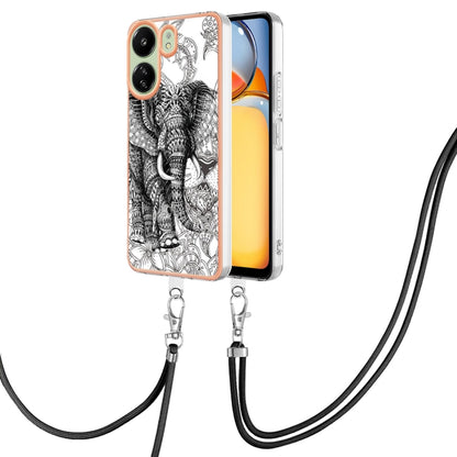 For Xiaomi Redmi 13C 4G Electroplating Dual-side IMD Phone Case with Lanyard(Totem Elephant) - 13C Cases by buy2fix | Online Shopping UK | buy2fix