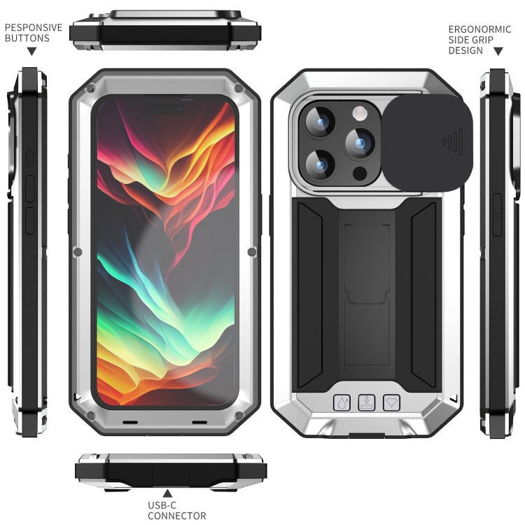 For iPhone 15 Pro Max R-JUST Sliding Camera Life Waterproof Holder Phone Case(Silver) - iPhone 15 Pro Max Cases by R-JUST | Online Shopping UK | buy2fix