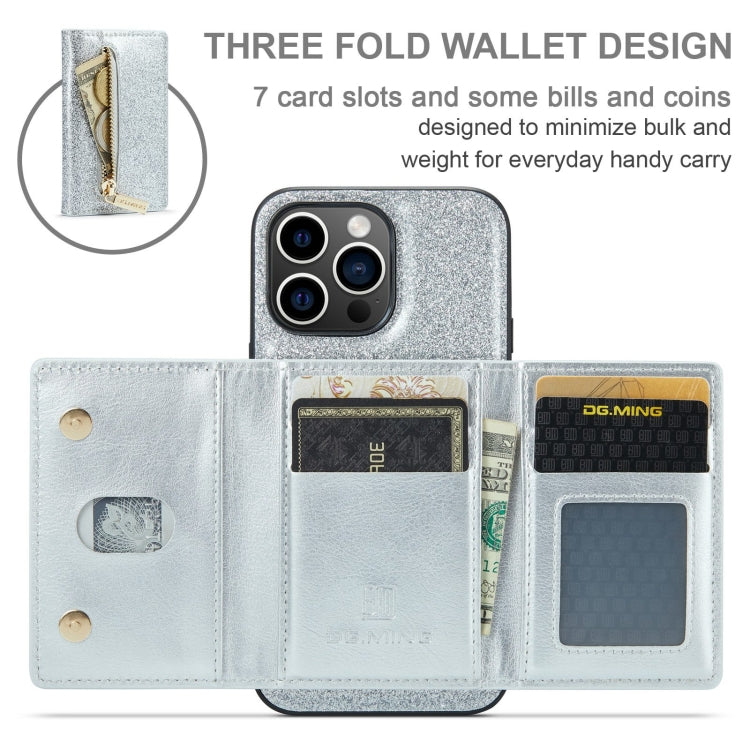 For iPhone 15 Pro DG.MING M3 Series Glitter Powder Card Bag Leather Phone Case(Silver) - iPhone 15 Pro Cases by DG.MING | Online Shopping UK | buy2fix