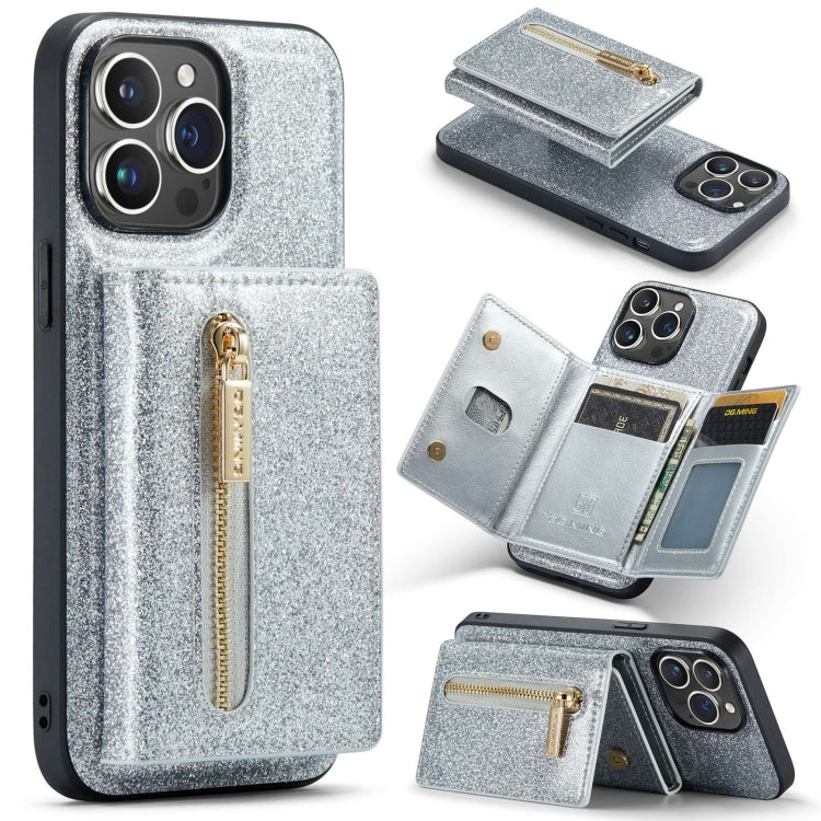 For iPhone 15 Pro Max DG.MING M3 Series Glitter Powder Card Bag Leather Phone Case(Silver) - iPhone 15 Pro Max Cases by DG.MING | Online Shopping UK | buy2fix