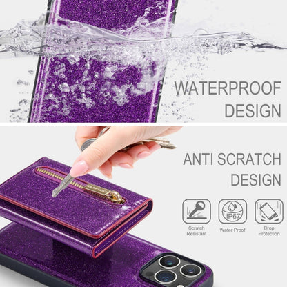 For iPhone 15 Pro Max DG.MING M3 Series Glitter Powder Card Bag Leather Phone Case(Dark Purple) - iPhone 15 Pro Max Cases by DG.MING | Online Shopping UK | buy2fix