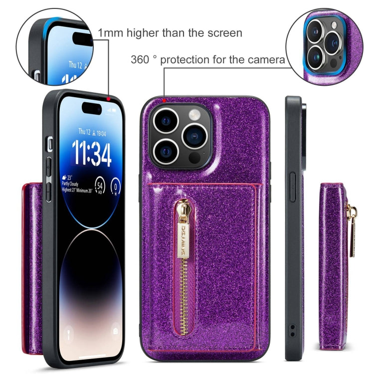 For iPhone 15 Pro Max DG.MING M3 Series Glitter Powder Card Bag Leather Phone Case(Dark Purple) - iPhone 15 Pro Max Cases by DG.MING | Online Shopping UK | buy2fix