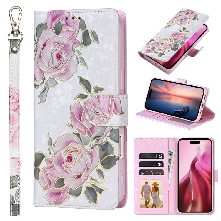 For iPhone 16 Pro Bronzing Painting RFID Leather Case(Rose Flower) - iPhone 16 Pro Cases by buy2fix | Online Shopping UK | buy2fix