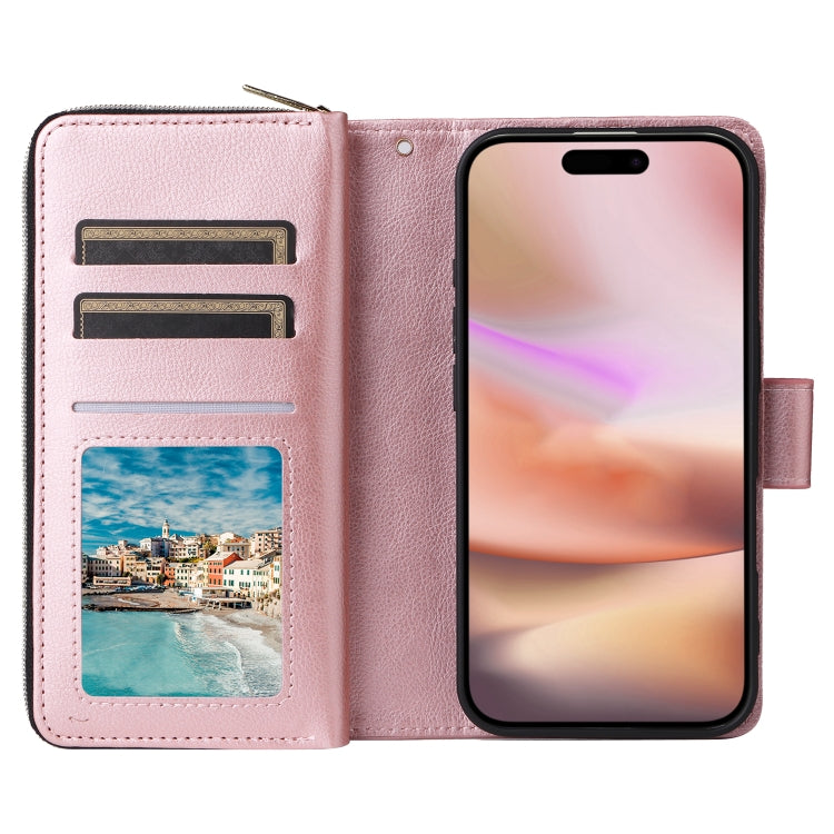 For iPhone 16 Plus 9 Card Slots Zipper Wallet Bag Leather Phone Case(Rose Gold) - iPhone 16 Plus Cases by buy2fix | Online Shopping UK | buy2fix