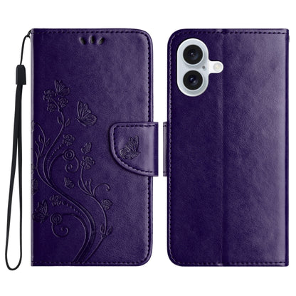 For iPhone 16 Plus Butterfly Flower Pattern Flip Leather Phone Case(Dark Purple) - iPhone 16 Plus Cases by buy2fix | Online Shopping UK | buy2fix