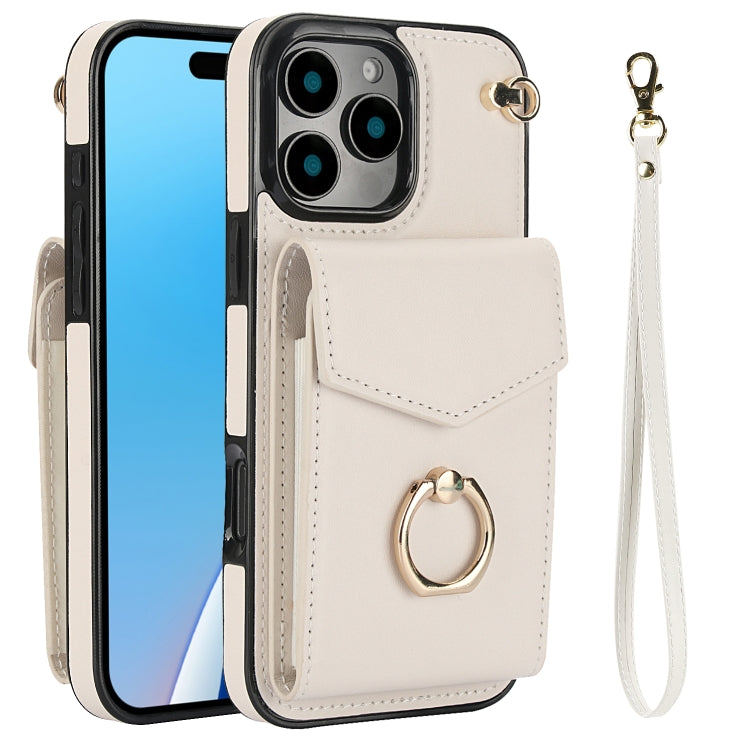 For iPhone 16 Pro Ring Holder RFID Card Slot Phone Case(Beige) - iPhone 16 Pro Cases by buy2fix | Online Shopping UK | buy2fix