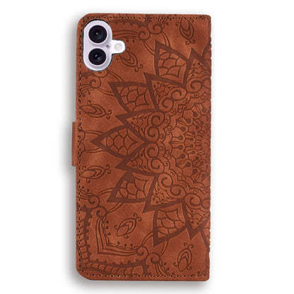 For iPhone 16 Mandala Embossed Dual-Fold Calf Leather Phone Case(Brown) - iPhone 16 Cases by buy2fix | Online Shopping UK | buy2fix