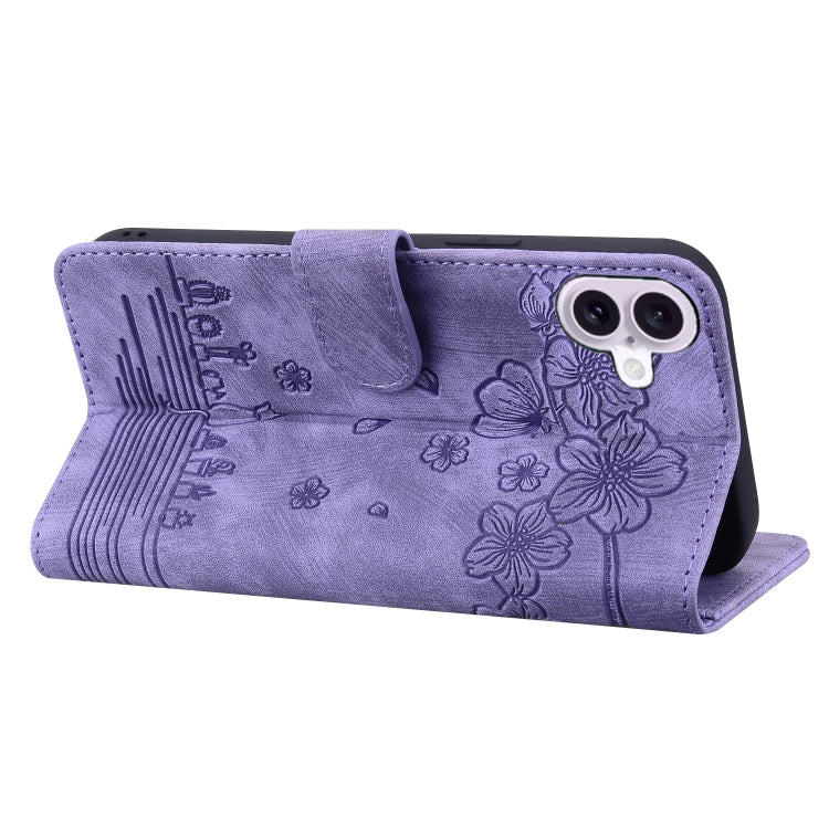 For iPhone 16 Plus Cartoon Sakura Cat Embossed Leather Phone Case(Purple) - iPhone 16 Plus Cases by buy2fix | Online Shopping UK | buy2fix