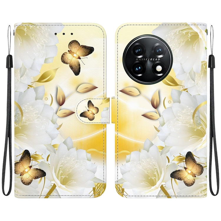 For OnePlus 11 Crystal Texture Colored Drawing Leather Phone Case(Gold Butterfly Epiphyllum) - OnePlus Cases by buy2fix | Online Shopping UK | buy2fix