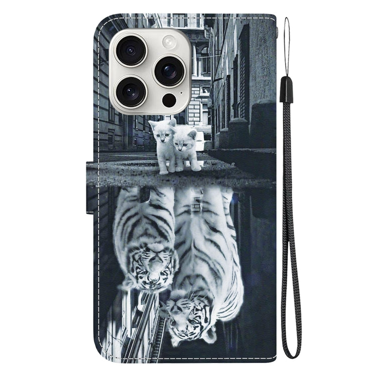 For iPhone 16 Pro Max Crystal Texture Colored Drawing Leather Phone Case(Cat Tiger Reflection) - iPhone 16 Pro Max Cases by buy2fix | Online Shopping UK | buy2fix