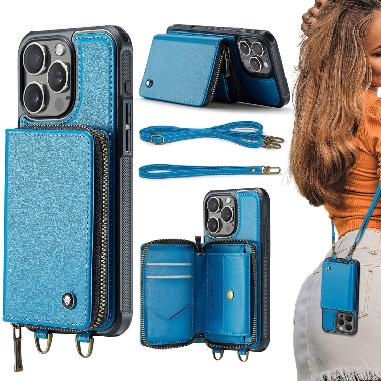 For iPhone 16 Pro JEEHOOD C22 Series Zipper Wallet Leather Phone Case with Dual Lanyard(Blue) - iPhone 16 Pro Cases by JEEHOOD | Online Shopping UK | buy2fix