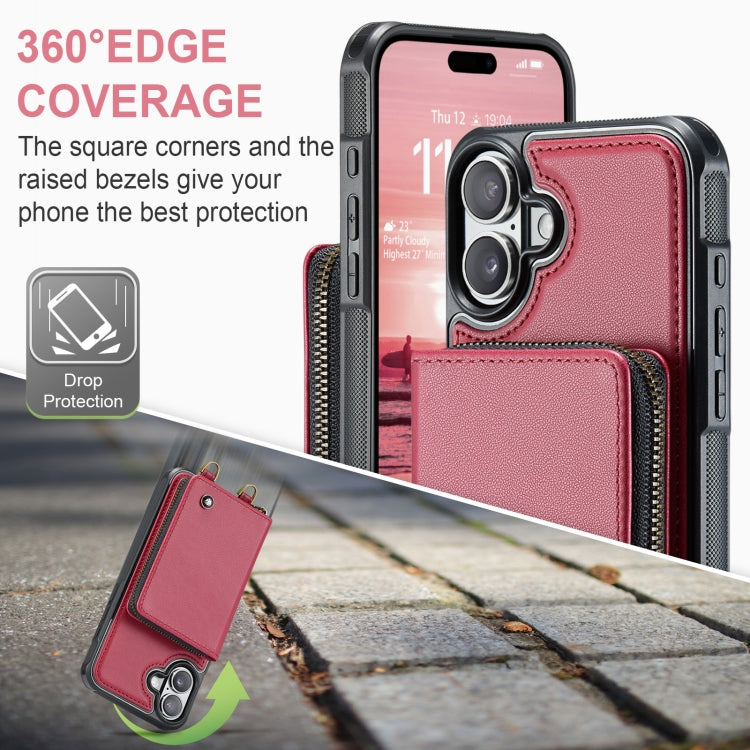 For iPhone 16 JEEHOOD C22 Series Zipper Wallet Leather Phone Case with Dual Lanyard(Red) - iPhone 16 Cases by JEEHOOD | Online Shopping UK | buy2fix