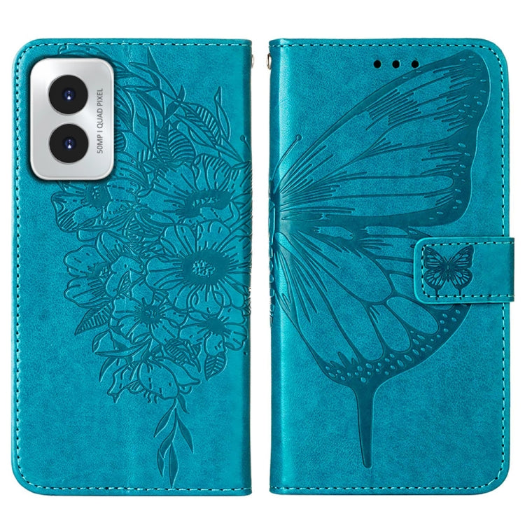 For Motorola Moto G Play 4G 2024 Embossed Butterfly Leather Phone Case(Blue) - Motorola Cases by buy2fix | Online Shopping UK | buy2fix