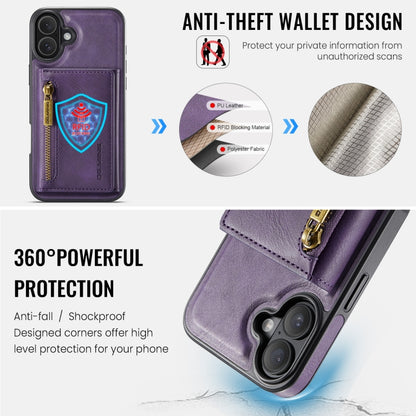 For iPhone 16 Plus DG.MING M5 Series Zip RFID Multi Card Detachable Leather Phone Case(Purple) - iPhone 16 Plus Cases by DG.MING | Online Shopping UK | buy2fix