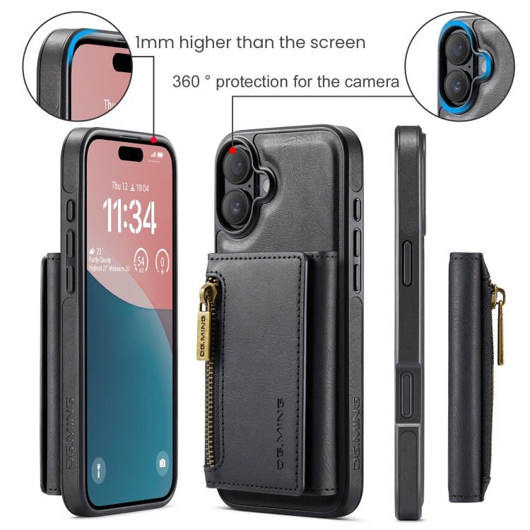 For iPhone 16 DG.MING M5 Series Zip RFID Multi Card Detachable Leather Phone Case(Black) - iPhone 16 Cases by DG.MING | Online Shopping UK | buy2fix