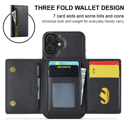 For iPhone 16 DG.MING M5 Series Zip RFID Multi Card Detachable Leather Phone Case(Black) - iPhone 16 Cases by DG.MING | Online Shopping UK | buy2fix