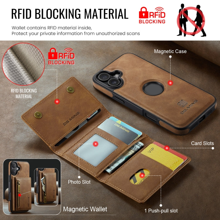 For iPhone 16 DG.MING M5 Series Zip RFID Multi Card Detachable Leather Phone Case(Brown) - iPhone 16 Cases by DG.MING | Online Shopping UK | buy2fix