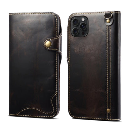 For iPhone 15 Pro Max Denior Oil Wax Cowhide Magnetic Button Genuine Leather Case(Black) - iPhone 15 Pro Max Cases by Denior | Online Shopping UK | buy2fix