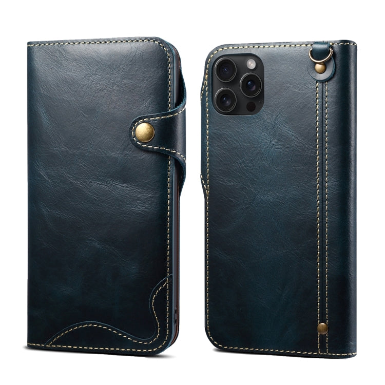 For iPhone 15 Pro Max Denior Oil Wax Cowhide Magnetic Button Genuine Leather Case(Dark Blue) - iPhone 15 Pro Max Cases by Denior | Online Shopping UK | buy2fix