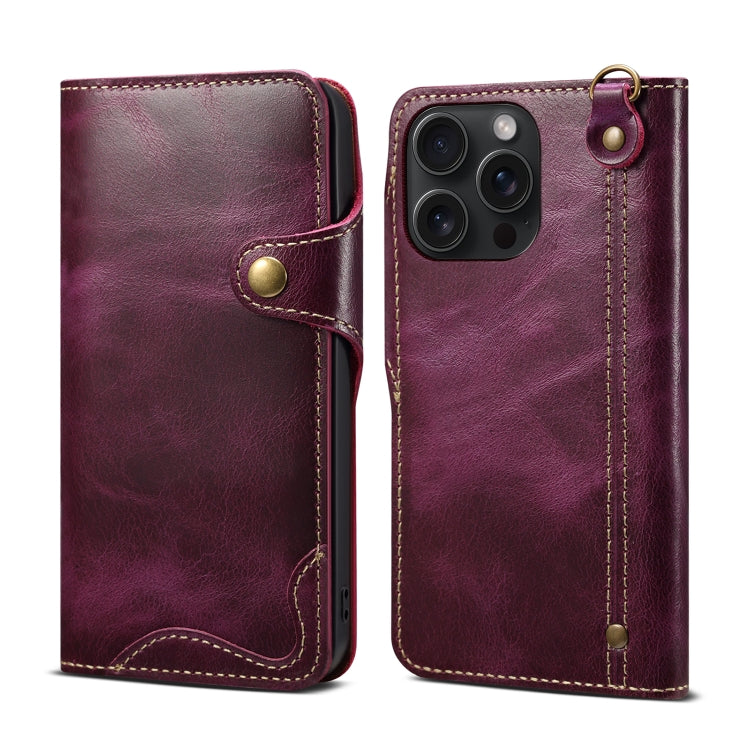 For iPhone 15 Pro Max Denior Oil Wax Cowhide Magnetic Button Genuine Leather Case(Purple) - iPhone 15 Pro Max Cases by Denior | Online Shopping UK | buy2fix