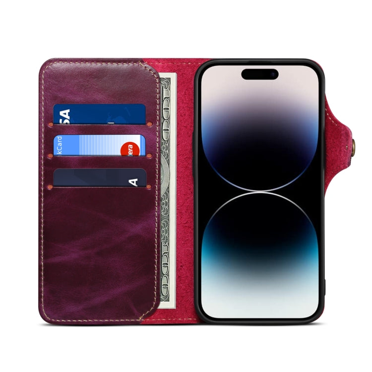 For iPhone 15 Pro Max Denior Oil Wax Cowhide Magnetic Button Genuine Leather Case(Purple) - iPhone 15 Pro Max Cases by Denior | Online Shopping UK | buy2fix