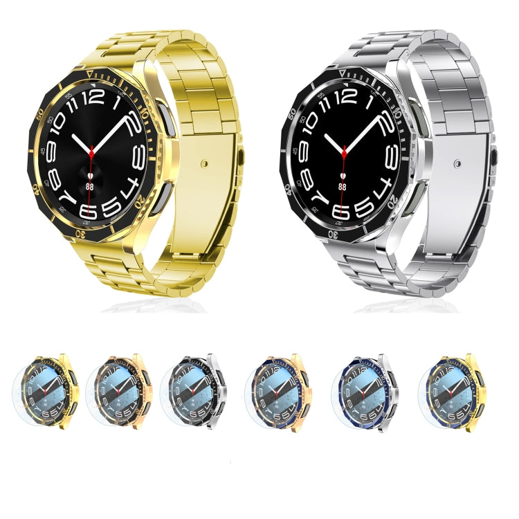 For Samsung Galaxy Watch6 Classic 43mm R950 Electroplate PC Case + Tempered Film + Watch Bezel Ring Set(Blue+Gold) - Watch Cases by buy2fix | Online Shopping UK | buy2fix